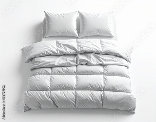 Obraz na płótnie A top-down view reveals a pristine white bed setup. It features two square pillows, a folded duvet, showcasing a minimalist aesthetic and offering a sense of comfort w salonie
