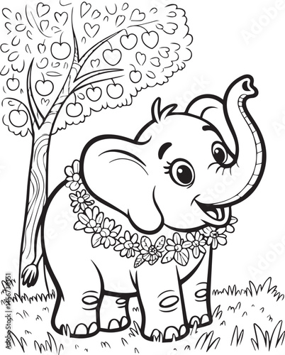 Cute elephant in forest black line art vector illustration for coloring page or book design