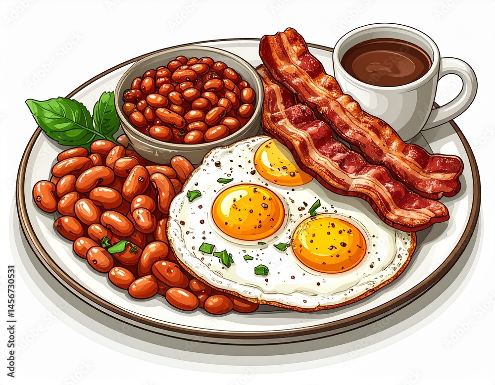 A hearty breakfast plate featuring fried eggs, crispy bacon, baked beans, and a warm cup of coffee, a perfect start to the day