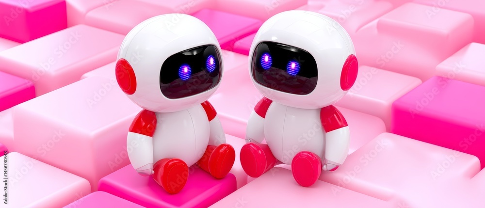 Obraz premium Intelligent bots engaging in dialogue futuristic setting digital art playful environment close-up view technology concept