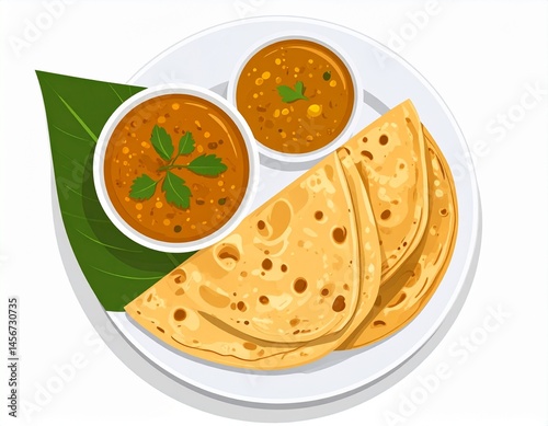 Obraz na płótnie A plate of Indian cuisine, featuring roti bread with curries, garnished with coriander leaves w salonie