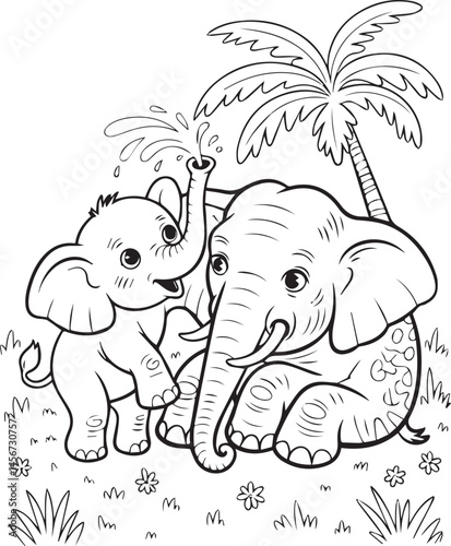 Beautiful elephant with baby in forest black line art vector illustration for coloring page or book design