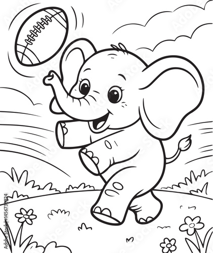 Baby elephant playing with a ball on natural background black line art vector illustration for children coloring page design