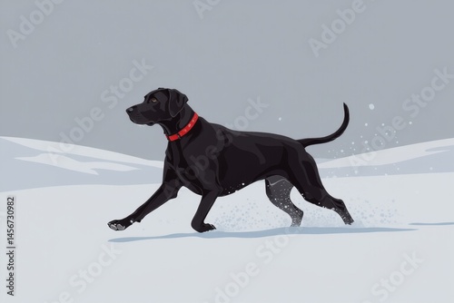 Great dane in snow, dogs running through snowy landscape, joyful pose with tail wagging. Concept of great dane in snow capturing playful spirit of dogs in winter scene.