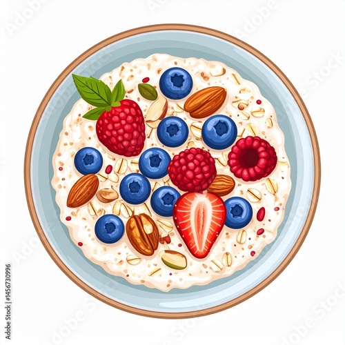 Obraz na płótnie Oatmeal bowl with fresh berries, almonds, and a mint leaf on a light blue plate. Healthy breakfast, delicious and colorful w salonie