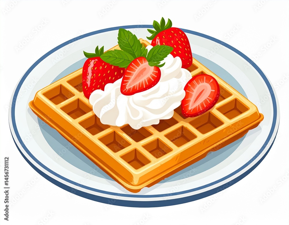 A golden-brown waffle topped with whipped cream, strawberries, and mint leaves, served on a blue-rimmed plate. A delicious breakfast