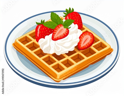 Obraz na płótnie A golden-brown waffle topped with whipped cream, strawberries, and mint leaves, served on a blue-rimmed plate. A delicious breakfast w salonie