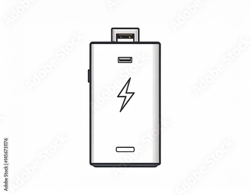 A white rectangular device, featuring a USB connector, a lightning bolt symbol, and a small button