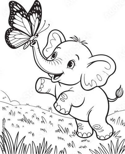 Adorable elephant playing with butterfly black line art vector illustration, Coloring page for kids and toddler