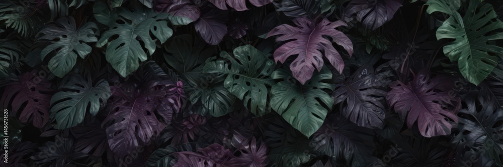 Obraz premium Intricate dark green & purple tropical leaves, shadowed, rich texture, texture, tropical