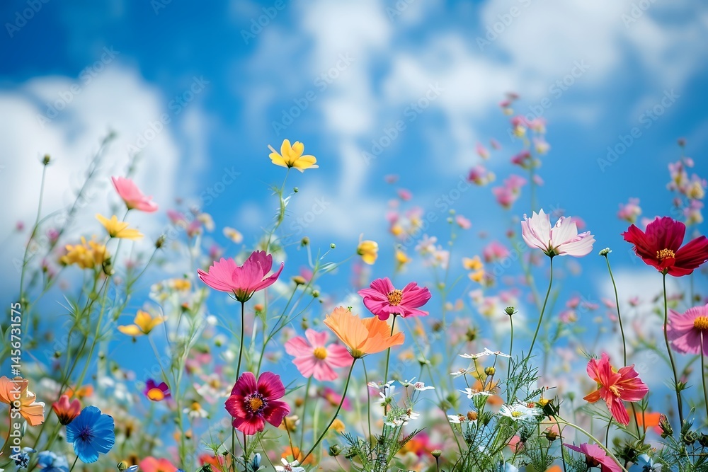 Fototapeta premium A vibrant field of wildflowers showcases pink, orange, and yellow blossoms reaching toward the sunny sky