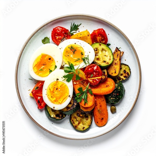 Obraz na płótnie Plate featuring halved hard-boiled eggs, grilled zucchini, carrots, tomatoes, and bell peppers. Garnished with herbs w salonie