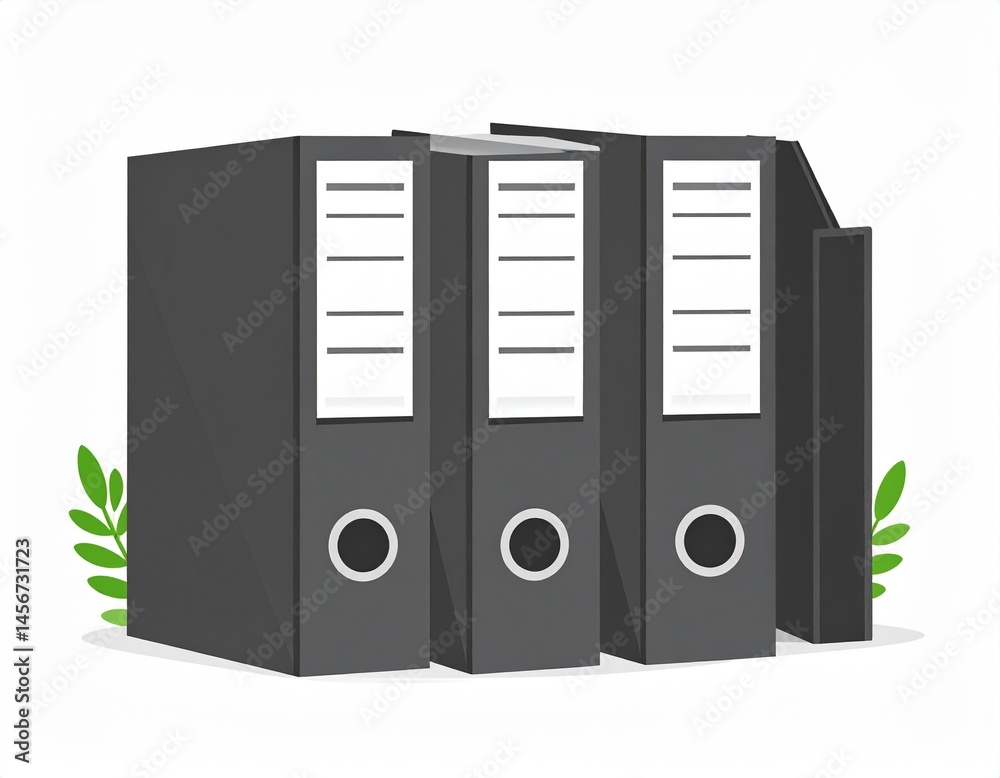 Stacked black binders with white labels sit near green leaves, organizing documents