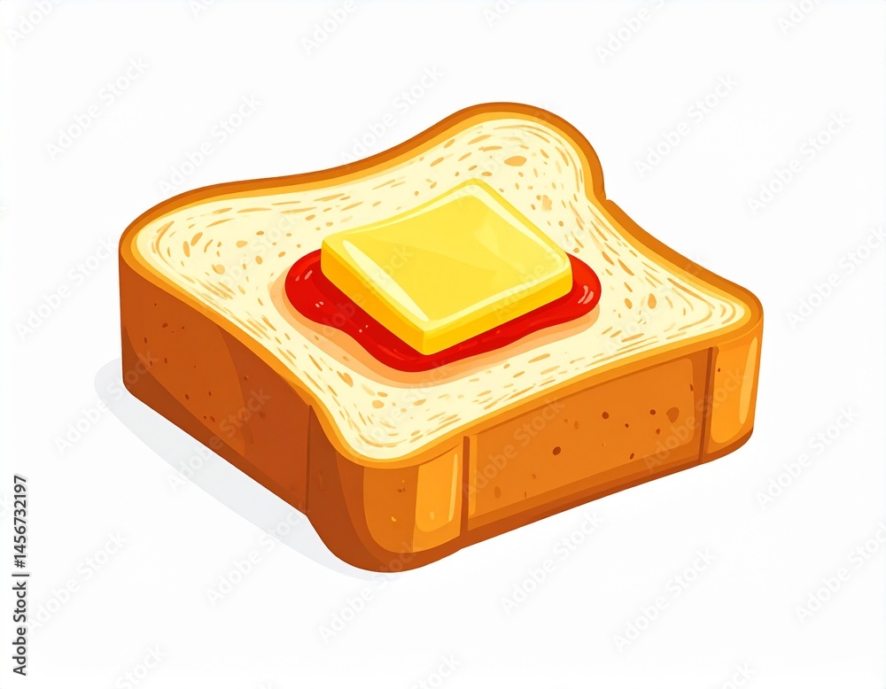 A piece of toast with jelly and a slab of butter, on a white background
