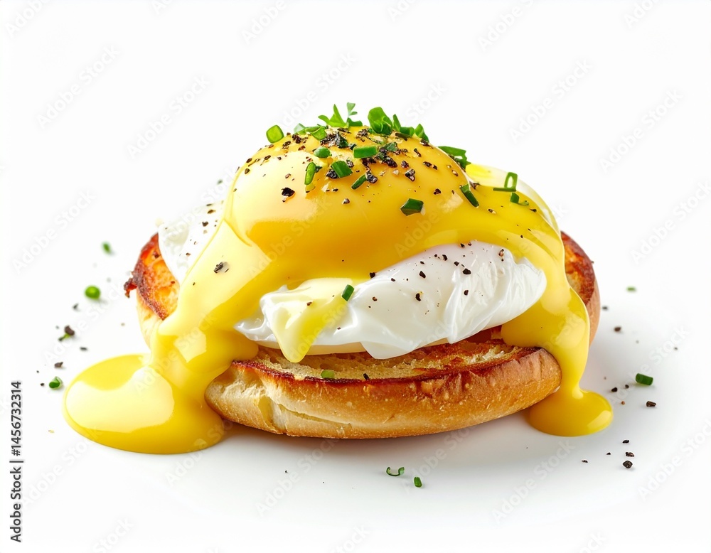 Delicious Eggs Benedict A toasted muffin topped with perfectly poached eggs, rich hollandaise, and chives. Classic breakfast