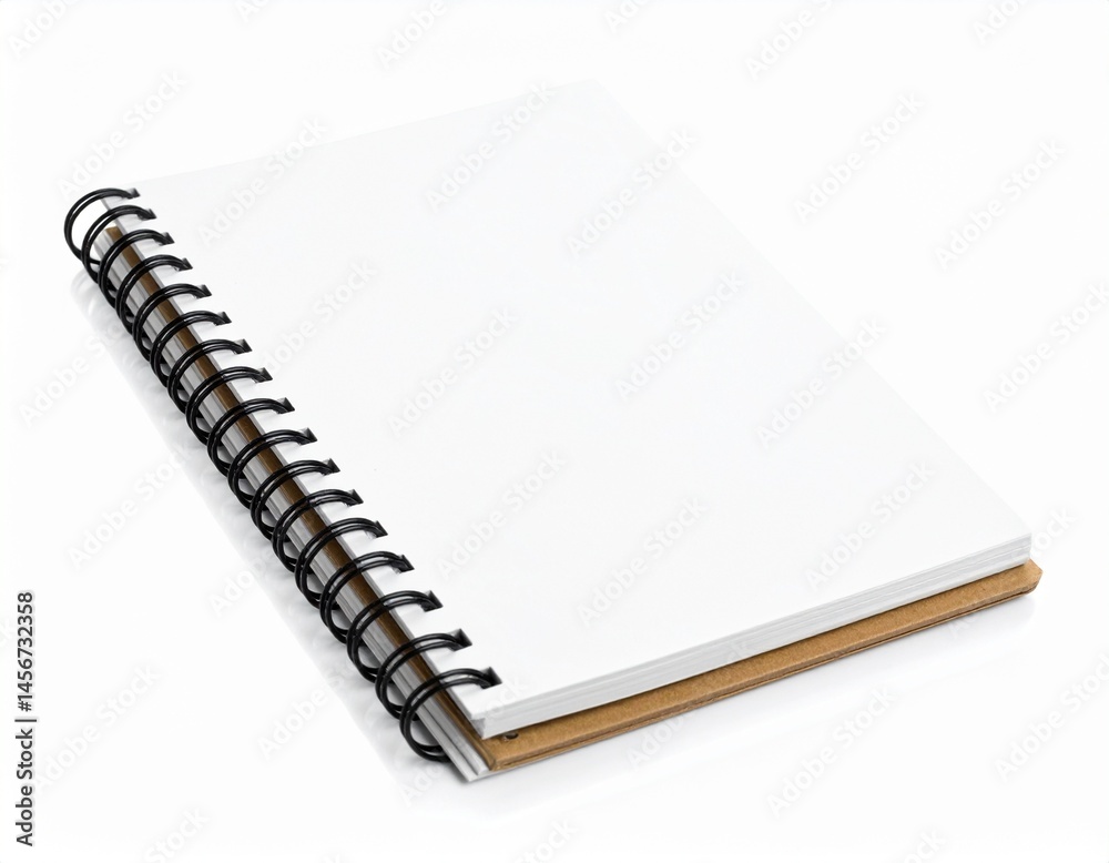 Spiral-bound notebook with blank, white pages, against a plain background