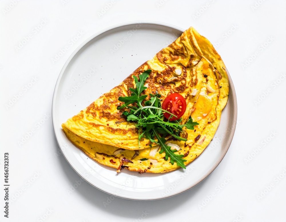 Golden omelet, arugula, and tomato, atop a white plate; appetizing breakfast or brunch presentation