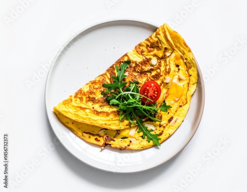 Obraz na płótnie Golden omelet, arugula, and tomato, atop a white plate; appetizing breakfast or brunch presentation w salonie