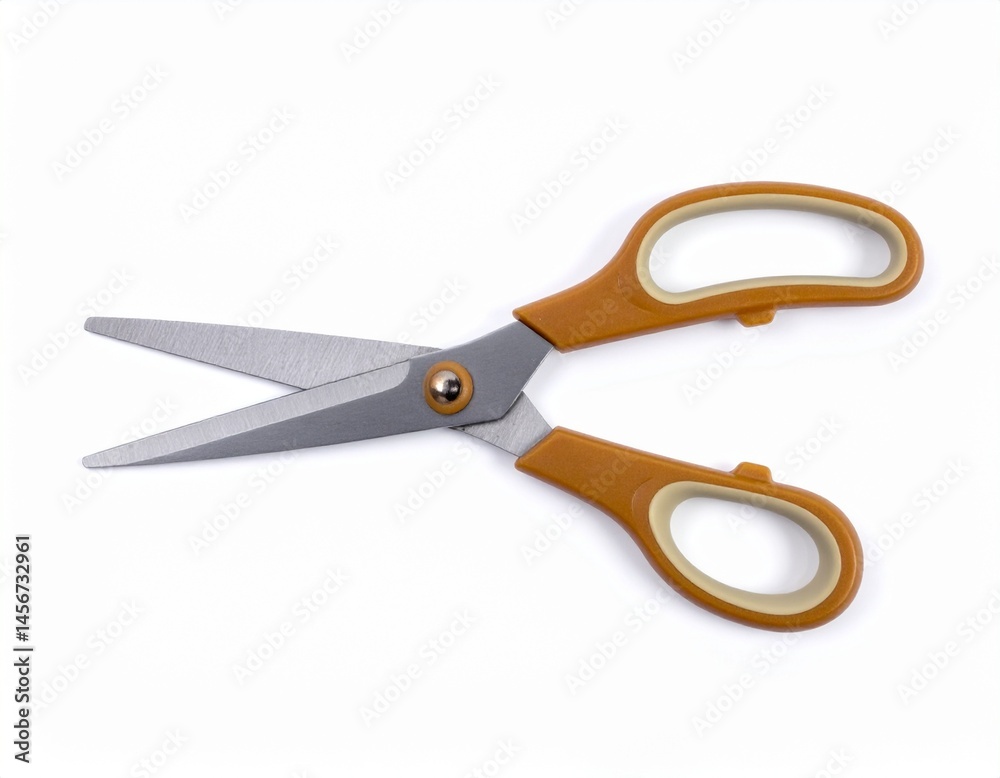 Open scissors, with a gray pivot, silvery blades and brown and beige colored handles, isolated on white background Open scissors, with a gray pivot, silvery blades and brown and beige colored handles, isolated on white background