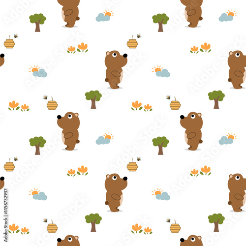 Bear looks honeycomb cartoon so cute. On cloud sun tree bee flower white background. Pattern seamless vector illustration. 