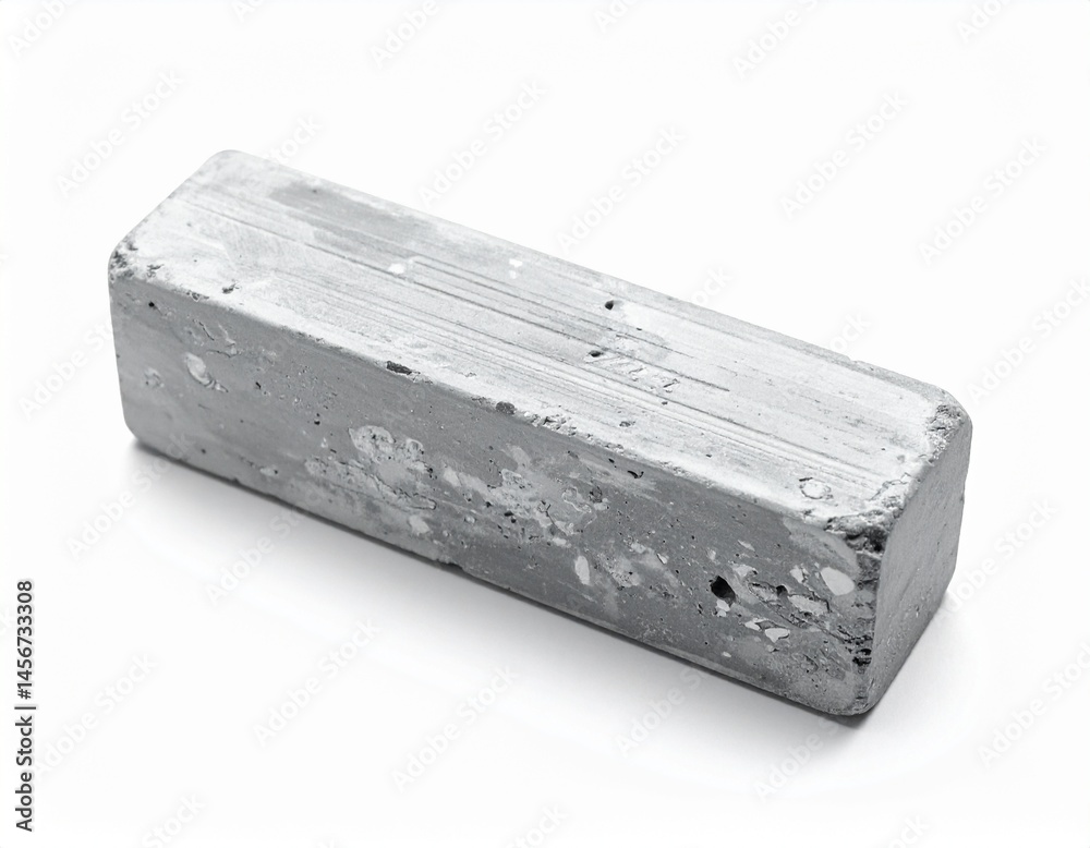 Gray bar with mottled texture and aged look, casting a soft shadow on a white surface
