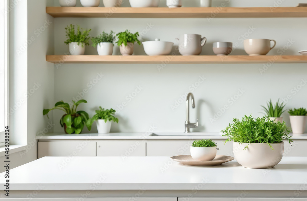 A minimalist kitchen featuring a small herb garden with different varieties of microgreens, copy space