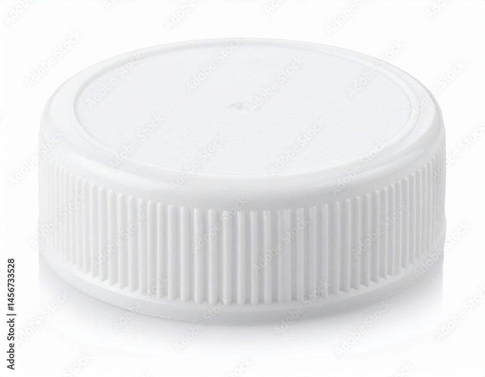 White cap with ribbed sides and flat top, resting on white surface, simple and clean