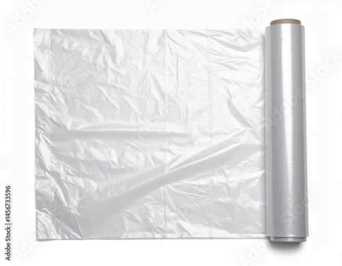 Transparent plastic wrap roll, partially unrolled, resting on a white surface