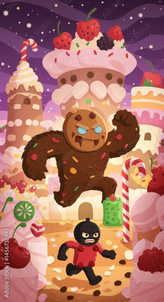 Naklejka premium Cookie Monster's Candy Land Chase: A Sweet Escape!