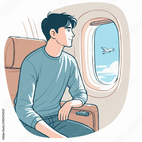 Man looking out airplane window during flight