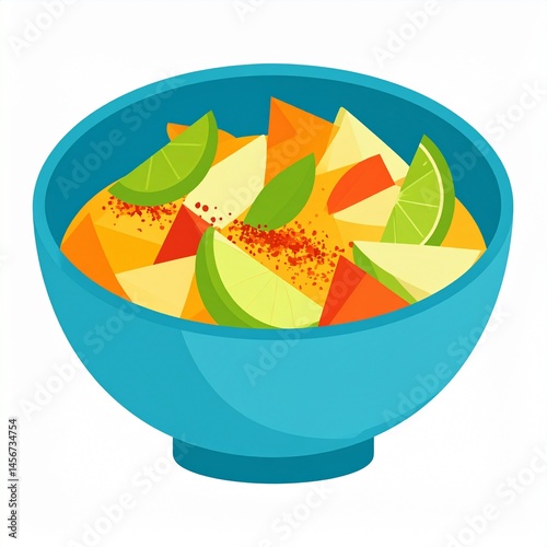 Fresh colorful fruit salad with lime slices, and spices in a blue bowl