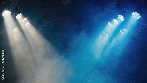 Dynamic lighting effects with neon blue and bright white beams in high contrast atmosphere