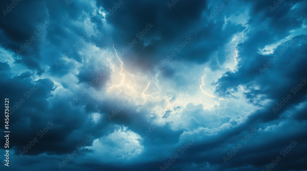 Fototapeta premium Dramatic Sky with Lightning Strikes Illuminating Dark Storm Clouds During a Thunderstorm