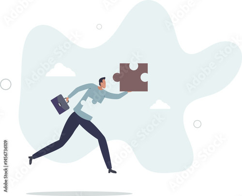 Finding jigsaw piece to complete work, career or success business, search for new idea to solve self problem, challenge or inspiration concept. character life .