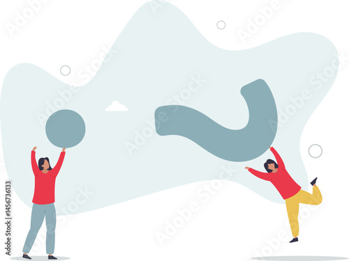 Problem solving, asking question or finding solution for difficulty, teamwork to solve problem or answer, confusion or brainstorm concept. character life .