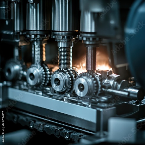 Close-up of metal gears in industrial machine with sparks flying in dark factory setting machinery operation