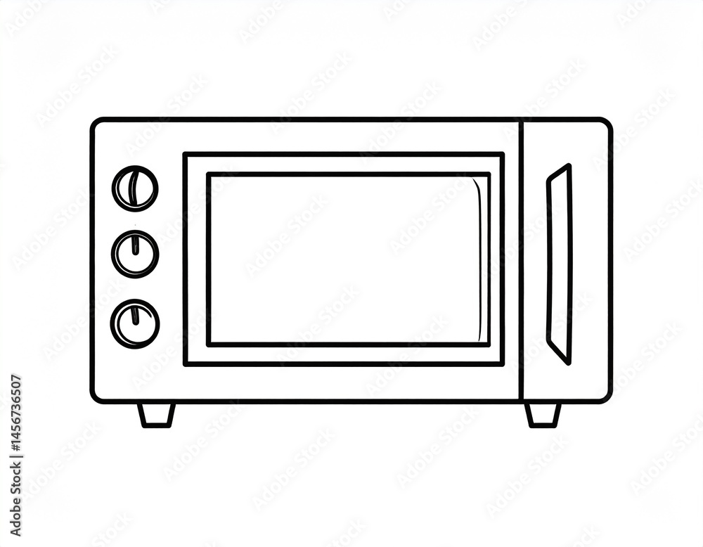 Line drawing of a microwave with a clear display, knobs, and handle in minimalist style