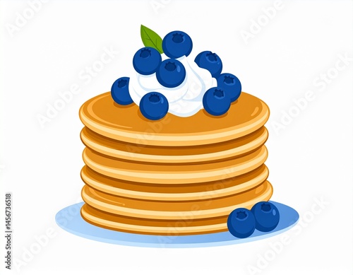 A stack of golden pancakes topped with whipped cream and fresh blueberries, a sprig, and a few berries