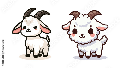 set of cute cartoon goats sheep with big eyes and happy faces, perfect for kids designs, books, and animal themed content, Islamic Eid al-Adha poster social media.