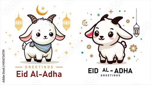 Adorable cute cartoon goat or sheep illustration with Eid Al-Adha Greetings text, poster educational children social media post