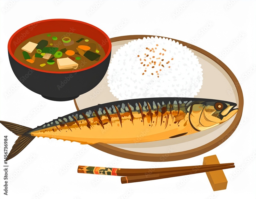 A Japanese meal is shown with grilled fish, white rice, miso soup and chopsticks. It is presented on white background with a good lighting