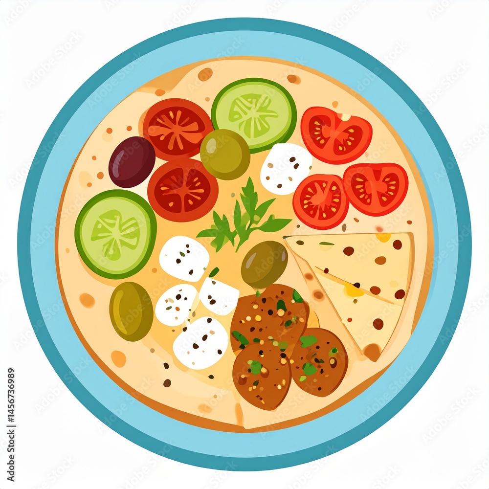 A colorful illustration showcasing a Mediterranean spread on a plate, featuring tomatoes, olives, cheese, cucumbers, falafel and herbs