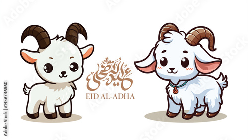 Adorable cute cartoon goat or sheep illustration with Eid Al-Adha Greetings text, poster educational children social media post