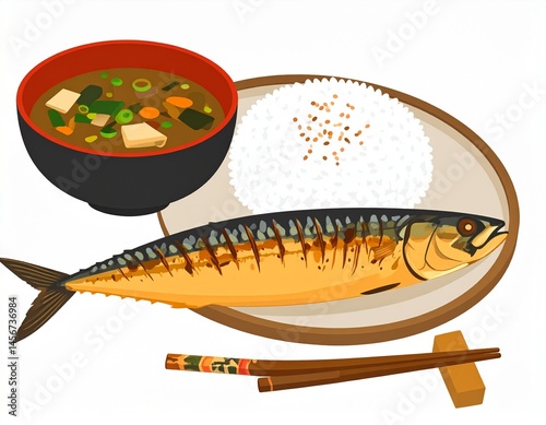 Obraz na płótnie A Japanese meal is shown with grilled fish, white rice, miso soup and chopsticks. It is presented on white background with a good lighting w salonie