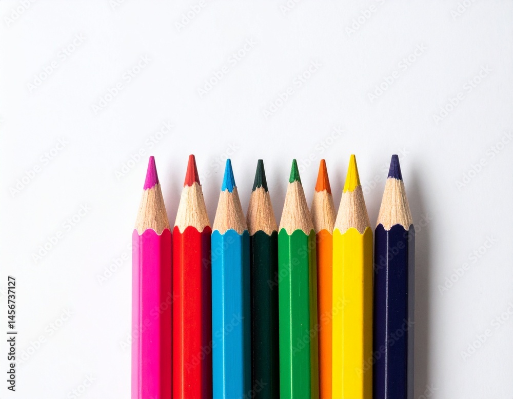 Nine brightly colored sharpened pencils arranged closely against a plain white surface. Focus is on the tips and the wood, which is exposed
