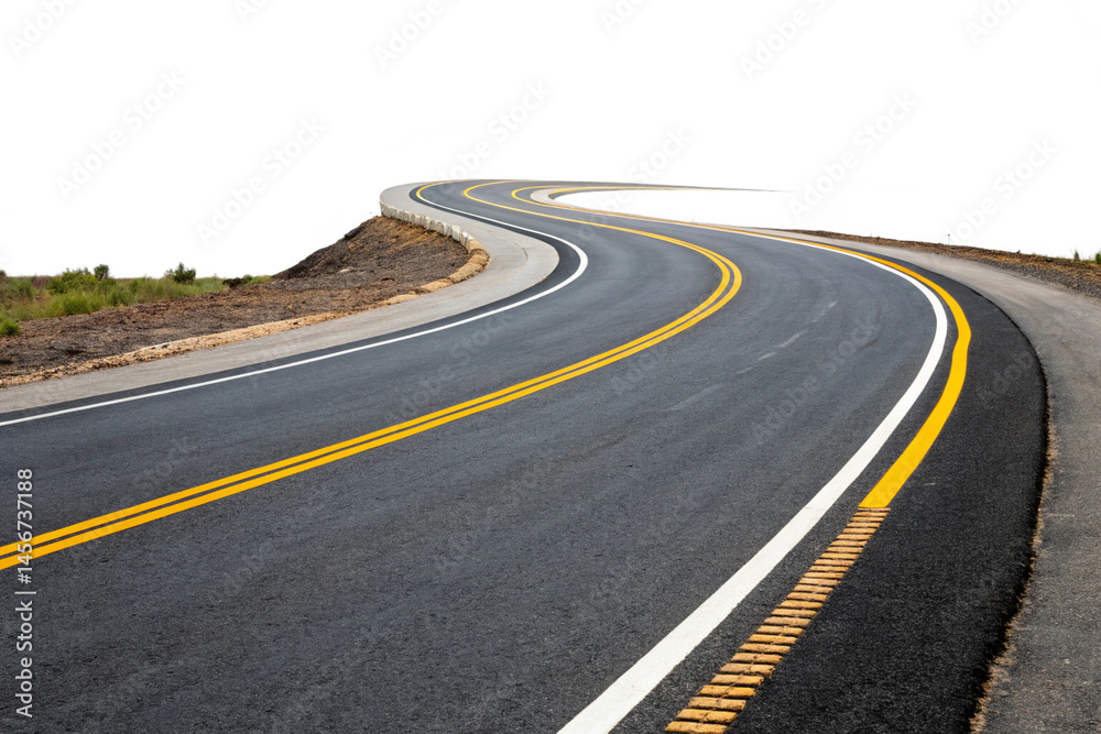 Obraz premium A curved road with yellow and white markings bordered by reflective barriers, offering a sense of direction and perspective. Isolated on a transparent background