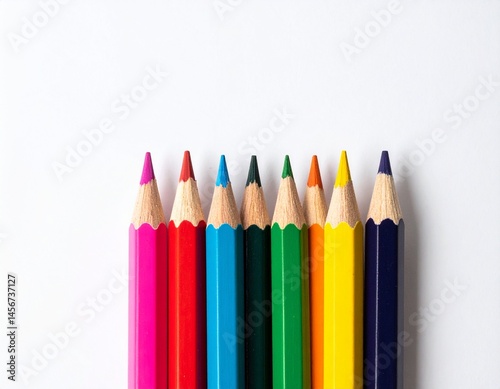 Obraz na płótnie Nine brightly colored sharpened pencils arranged closely against a plain white surface. Focus is on the tips and the wood, which is exposed w salonie
