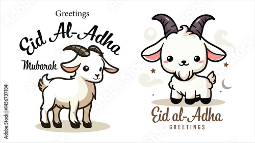 Adorable cute cartoon goat or sheep illustration with Eid Al-Adha Greetings text, poster educational children social media post