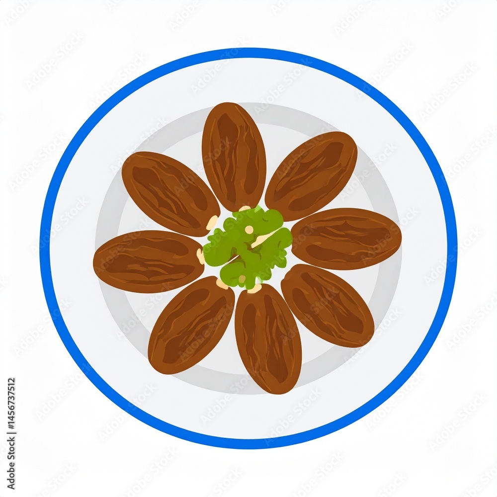 Appetizing arrangement of dried dates encircling a vibrant green garnish, all elegantly displayed on a round plate with a bright blue rim