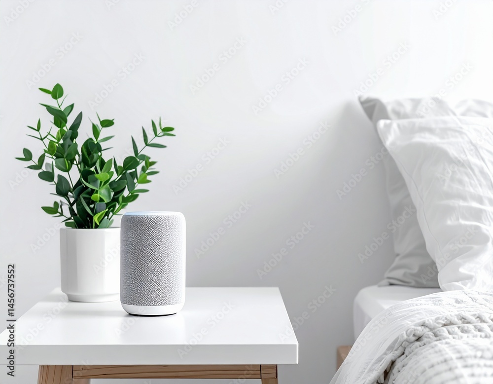 A minimalist bedroom scene features a smart speaker, a potted plant on a white table, and a bed with white linens, creating a calm atmosphere